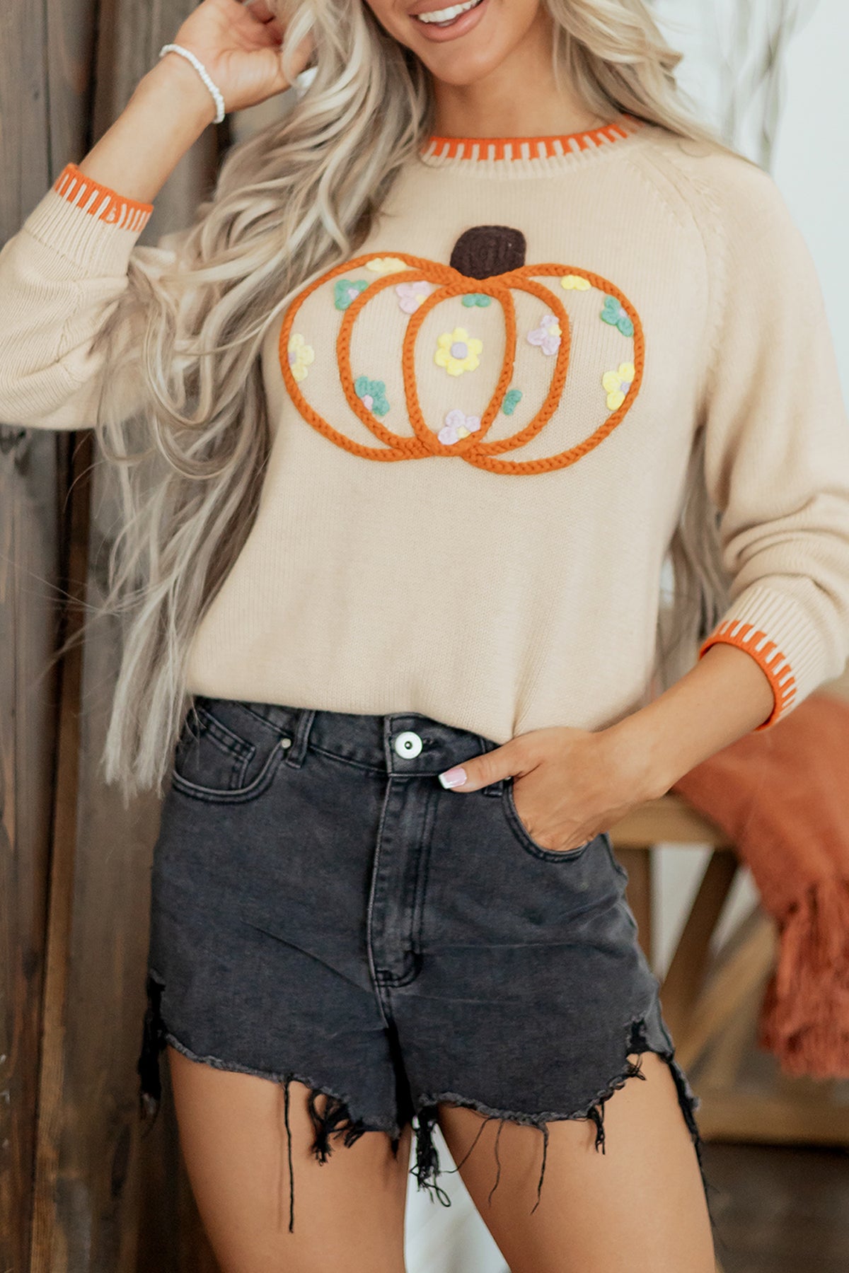 Pumpkin Knit Sweater Autumn Floral Embroidered Relaxed Fit