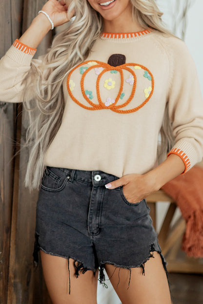 Pumpkin Knit Sweater Autumn Floral Embroidered Relaxed Fit