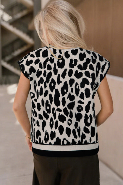 Leopard Print High Neck Short Sleeve Knit Top