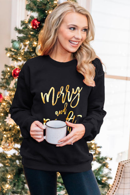 Black Merry and Bright Christmas Graphic Pullover Sweatshirt