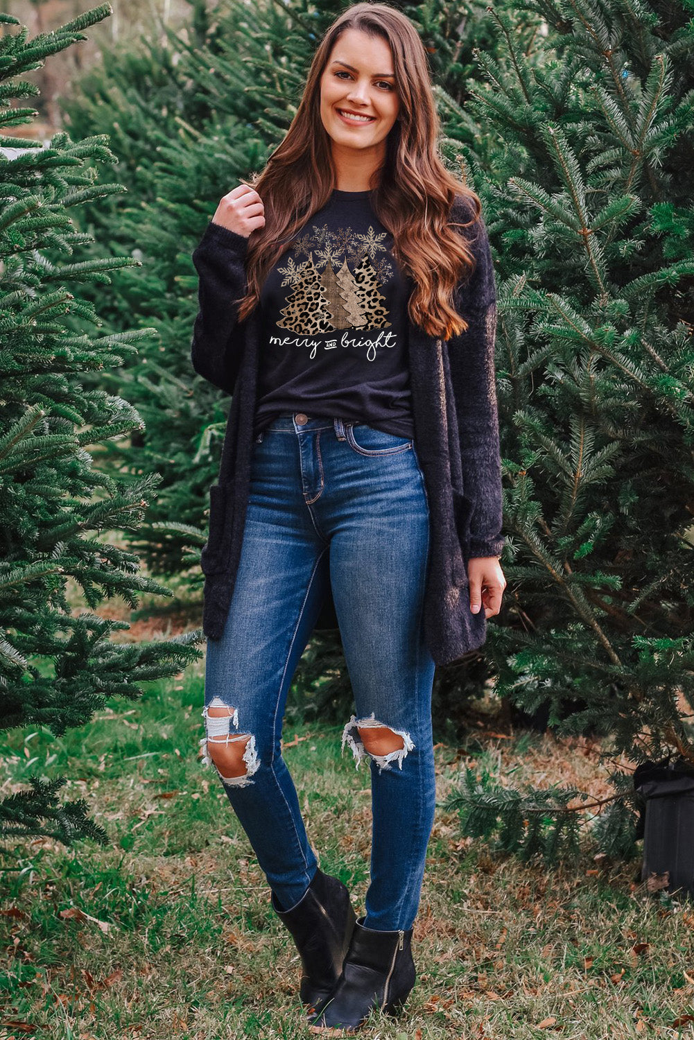 Leopard Print Christmas Tree Graphic Holiday T Shirt