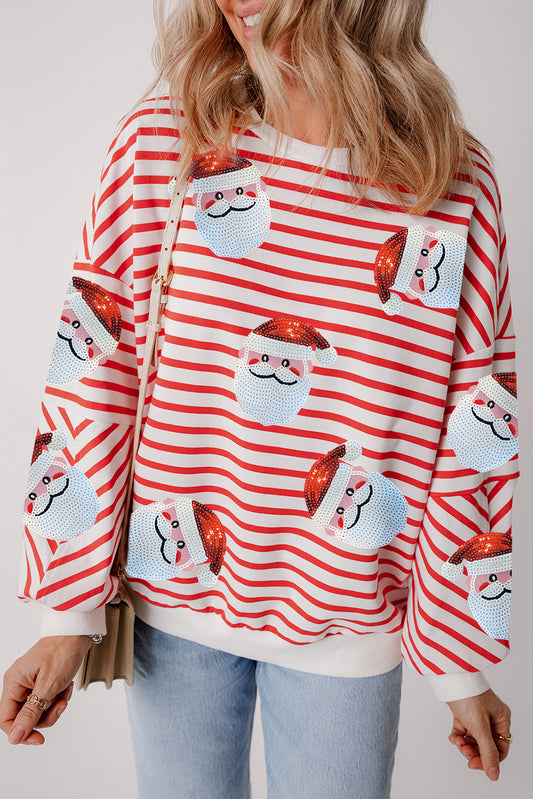 Sequin Santa Claus Striped Christmas Pullover Sweatshirt