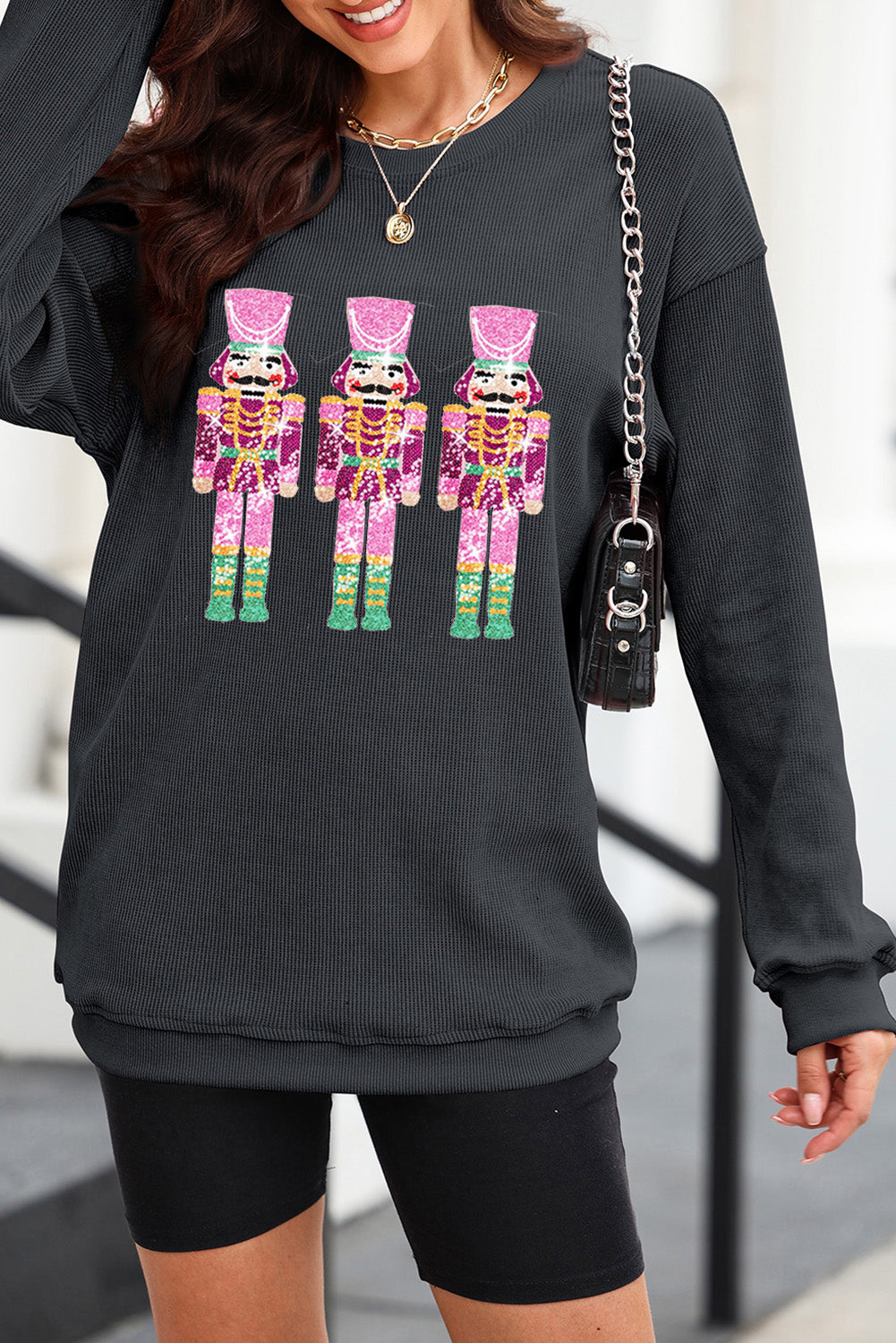 Black Sequin Christmas Corded Oversized Sweatshirt