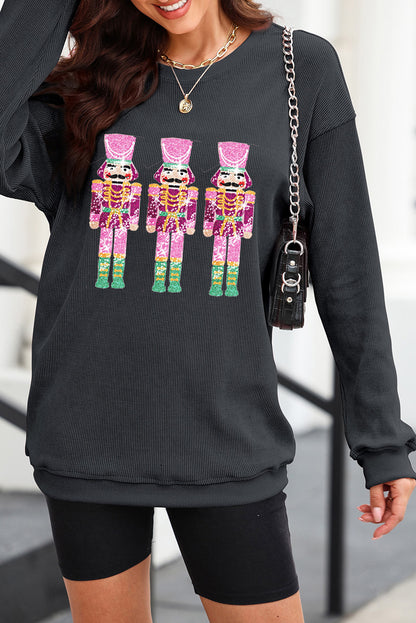 Black Sequin Christmas Corded Oversized Sweatshirt