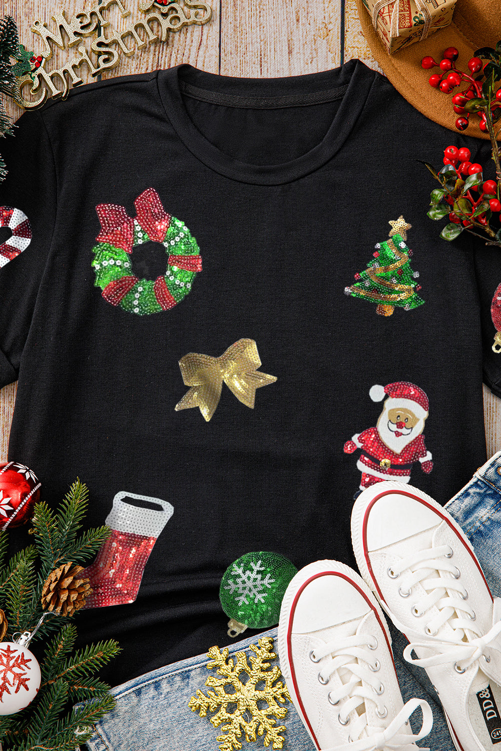Black Sequin Christmas Holiday Graphic Crewneck T Shirt