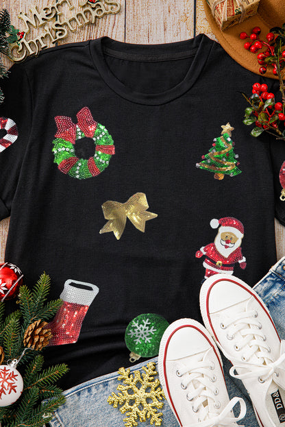 Black Sequin Christmas Holiday Graphic Crewneck T Shirt