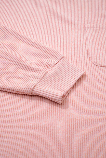 Bonbon Ribbed Exposed Seam Round Neck Chest Pocket Plus Knit Top