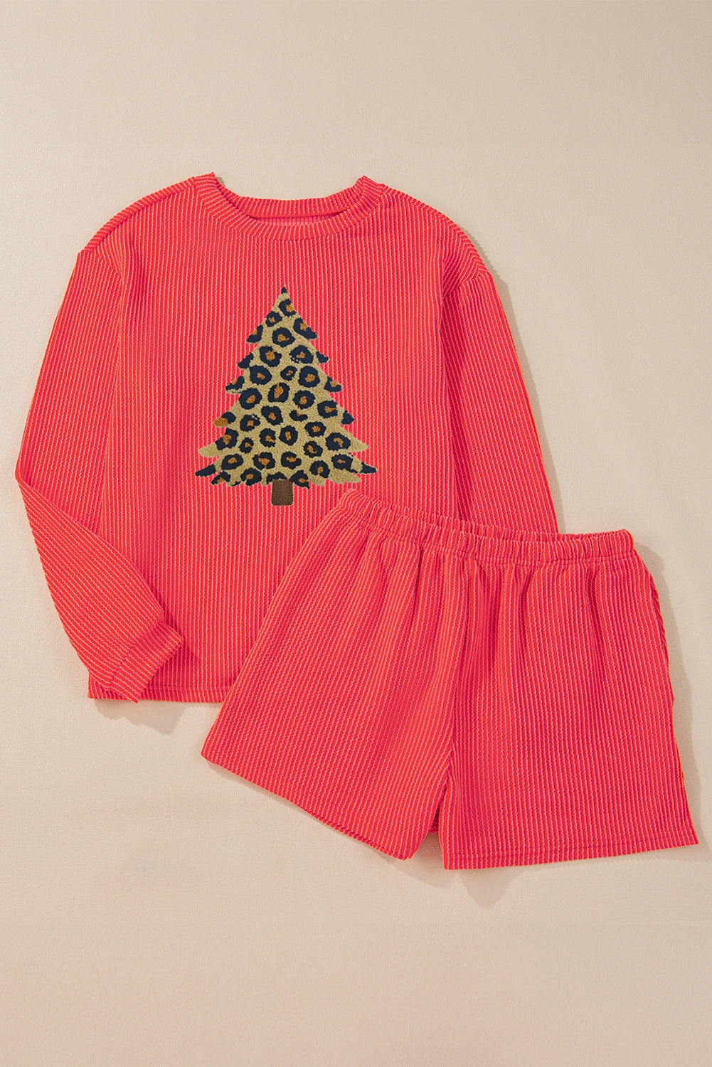 Gold Flame Leopard Patched Christmas Tree Long Sleeve Pullover Ribbed 2pcs Short Set