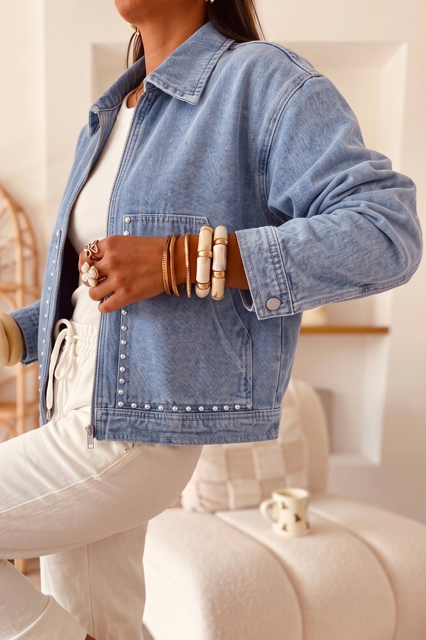 Pearl Studded Oversized Denim Zip Front Jacket