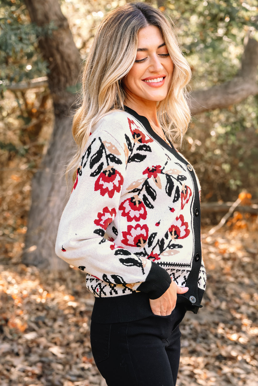 Floral V Neck Button Front Knit Cardigan Sweater
