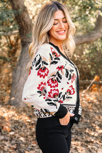 Floral V Neck Button Front Knit Cardigan Sweater