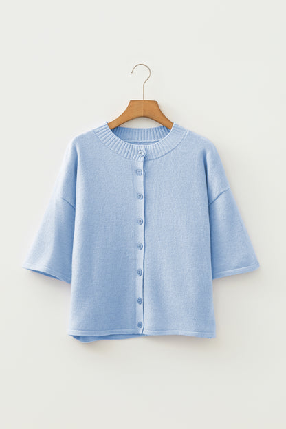 Lavender Boxy 3/4 Sleeve Button Down Knit Cardigan