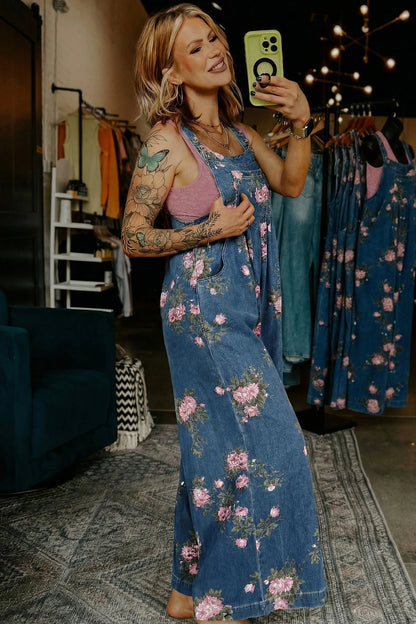Blue Floral Wide Leg Denim Jumpsuit with Adjustable Straps