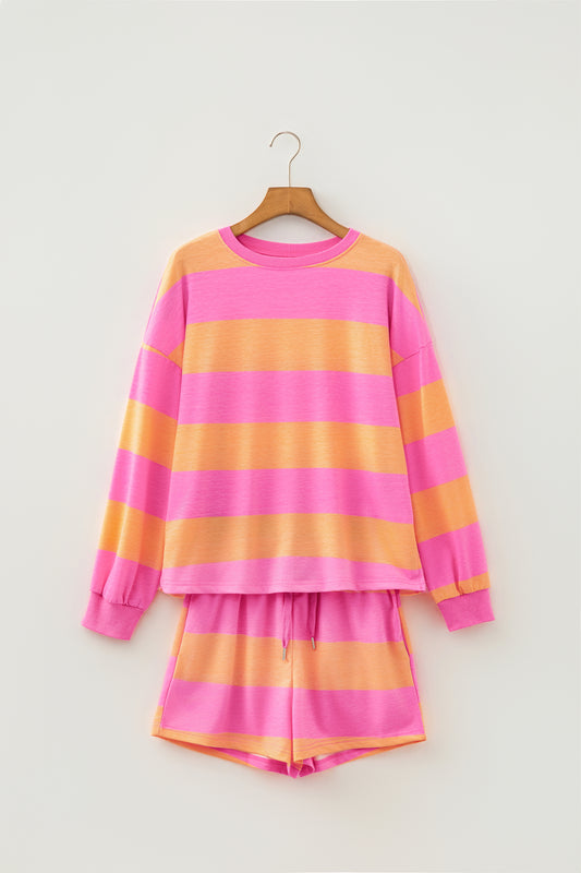 Pink Orange Stripe Lounge Set 2pc Shorts Set Sweatshirt