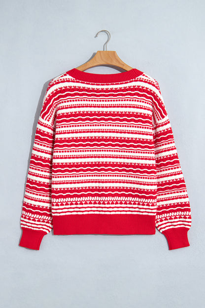 Red Geometric Stripe Button Front Knit Cardigan