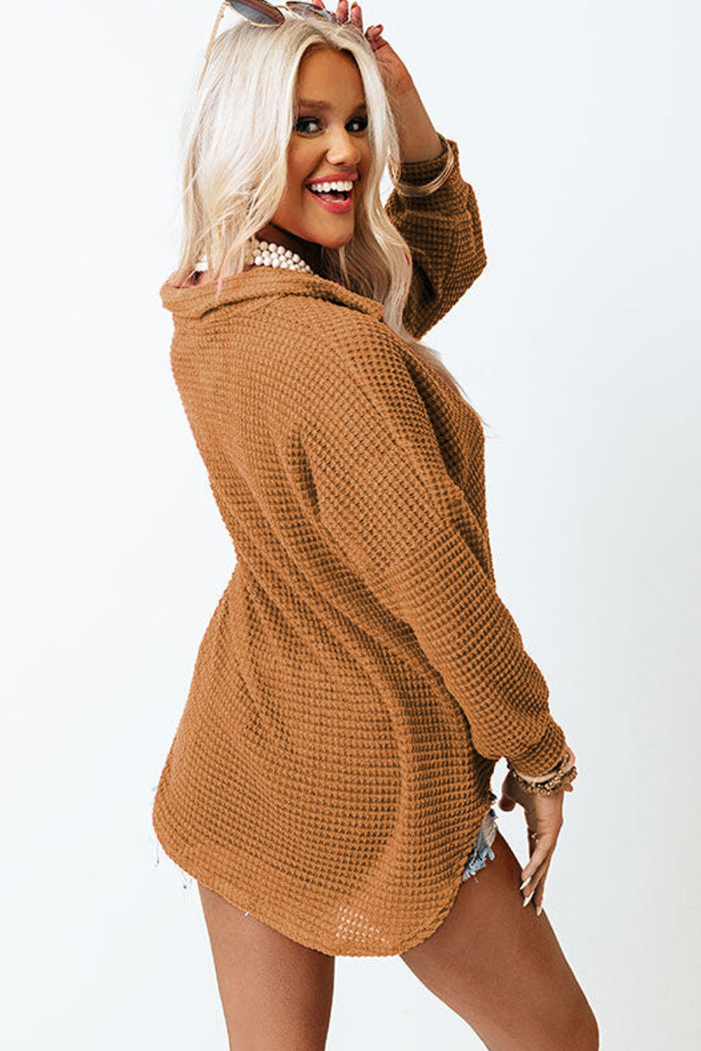 Waffle Knit Button-Up Oversized Casual Shirt