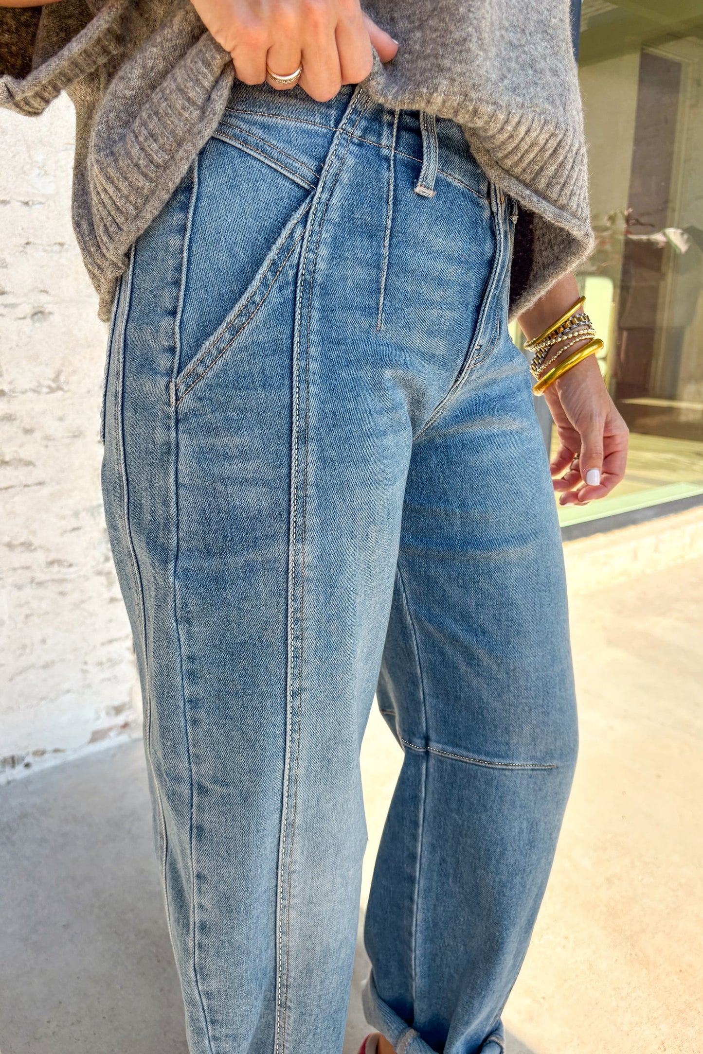 High Rise Seamed Cuffed Barrel Leg Jeans