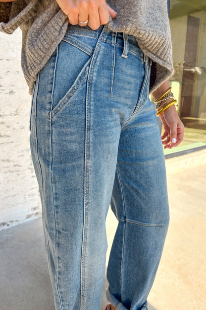 High Rise Seamed Cuffed Barrel Leg Jeans