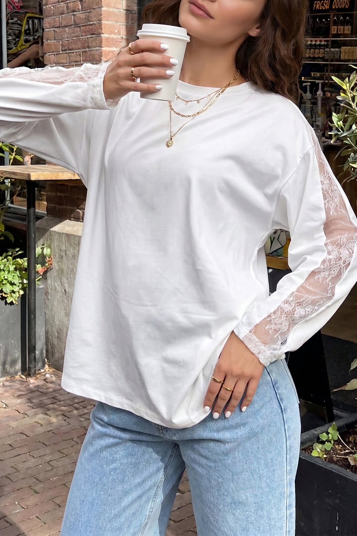 White Lace Sleeve Casual Round Neck Long Sleeve Top Women