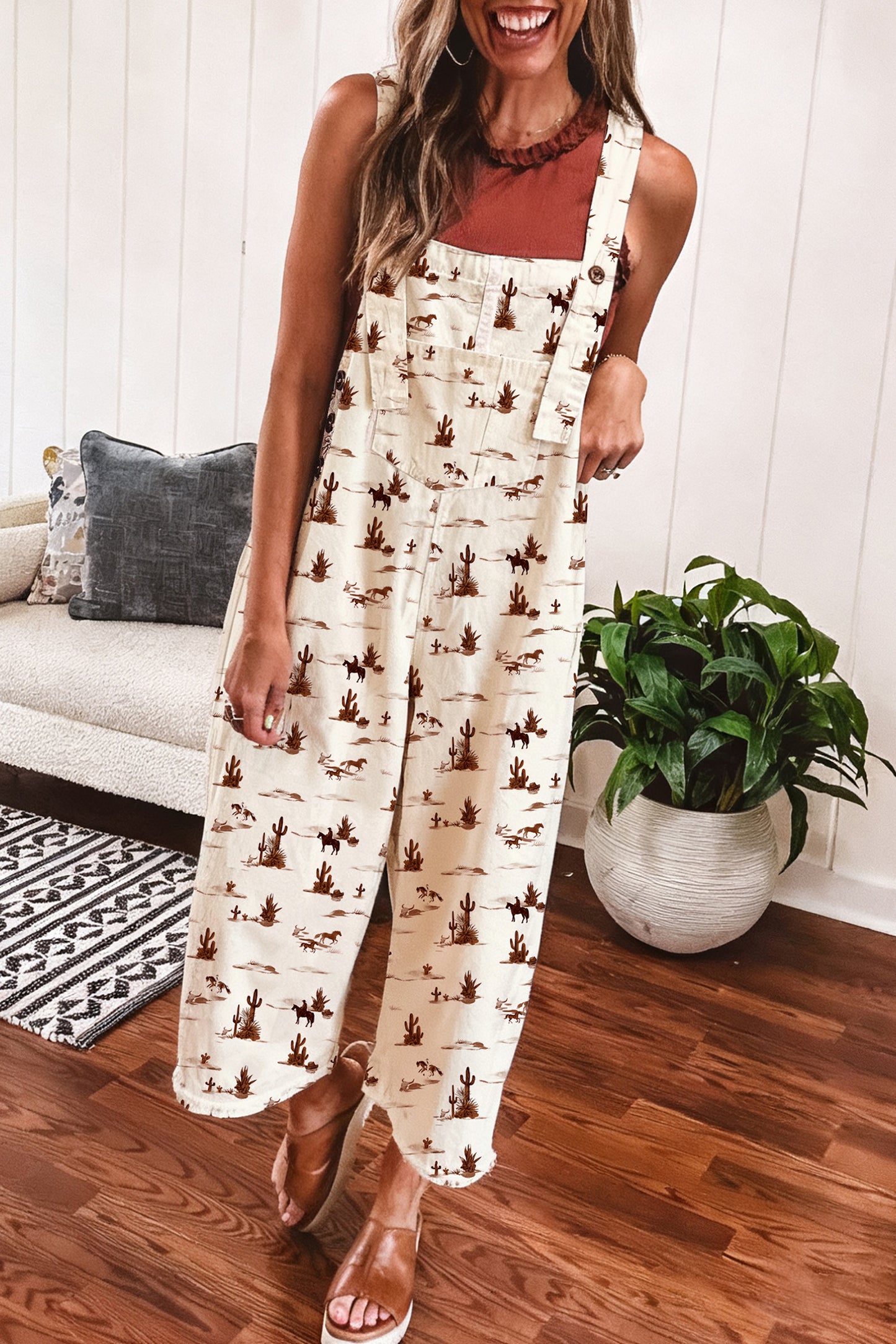 Beige Western Print Adjustable Strap Loose Cotton Jumpsuit