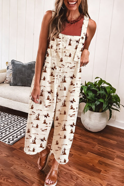 Beige Western Print Adjustable Strap Loose Cotton Jumpsuit