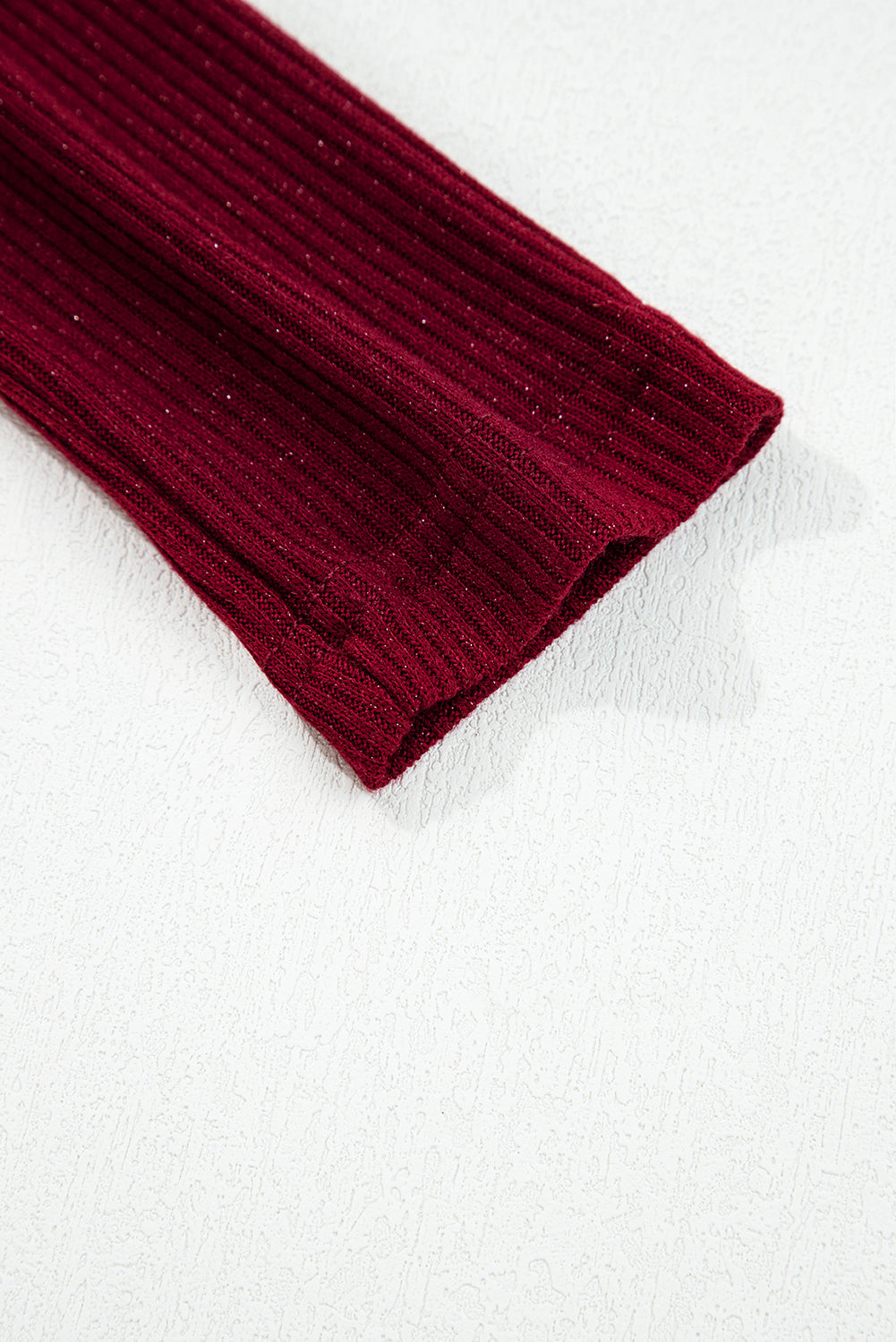 Red Metallic Ribbed Knit Long Sleeve Slim Fit Top