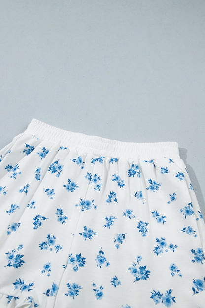 Blue Floral Sweatshirt & Ruffle Shorts 2 Piece Set