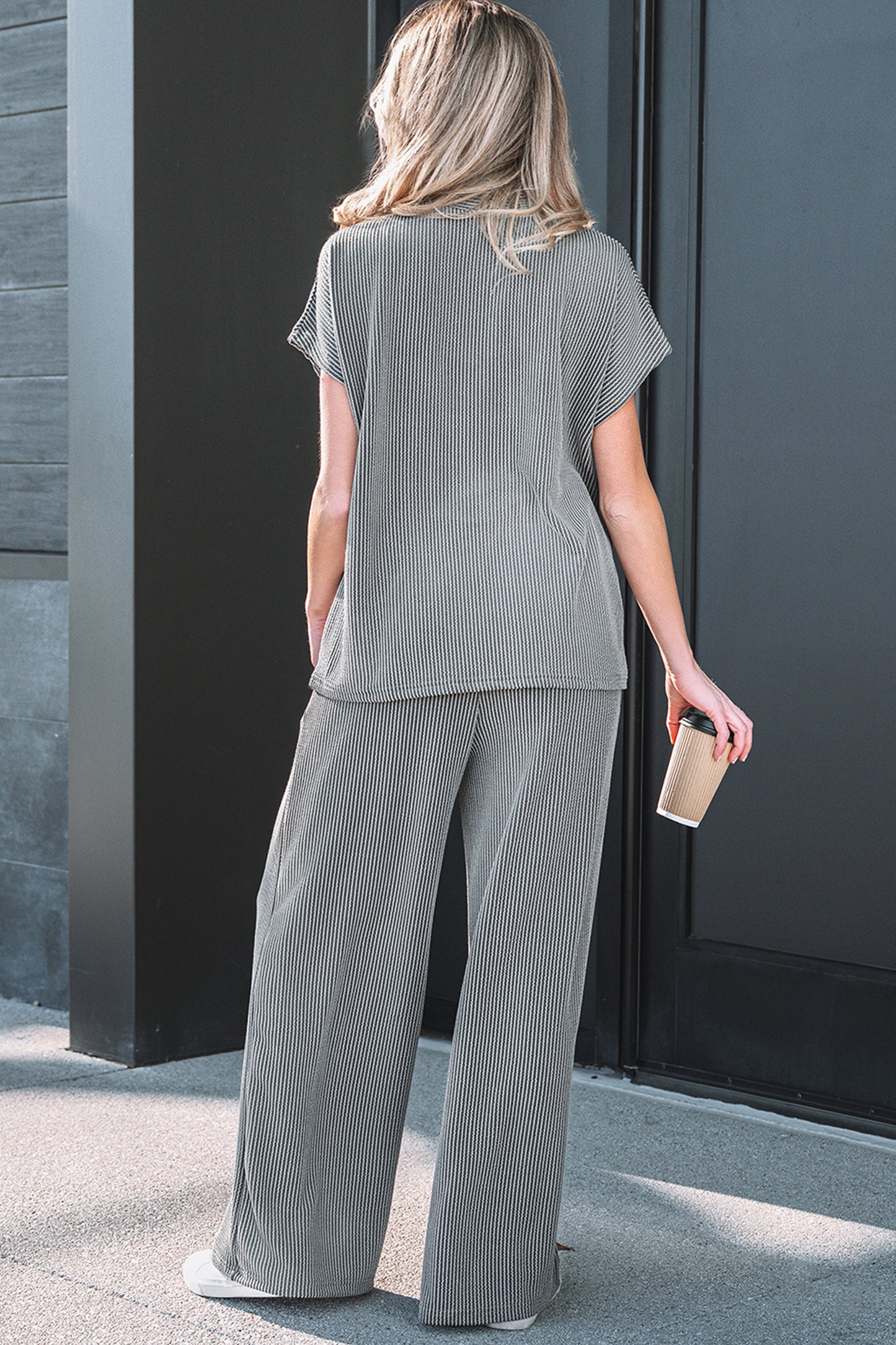 Burgundy Ribbed High Neck Tee Wide Leg Pant Set