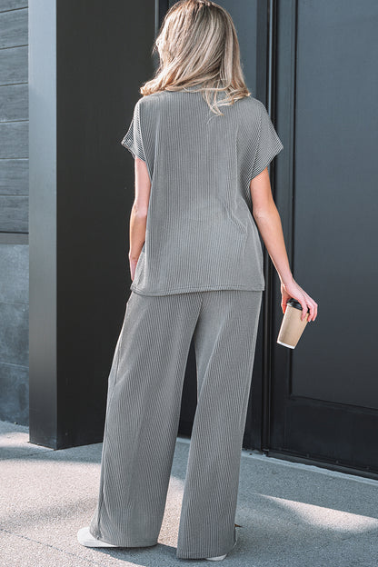 Burgundy Ribbed High Neck Tee Wide Leg Pant Set