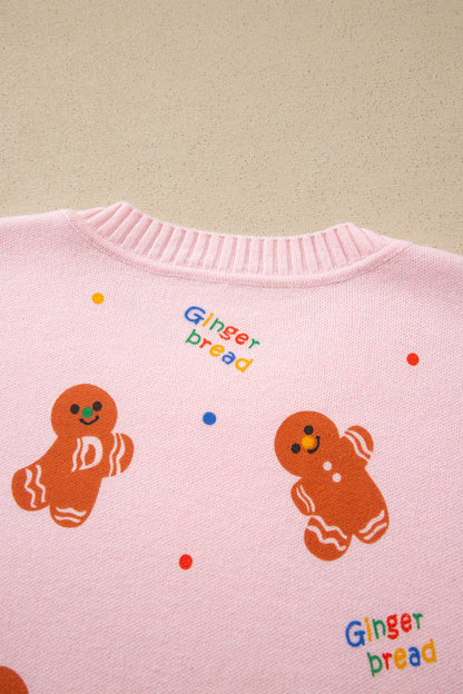 Pink Festive Gingerbread Pattern Long Sleeve Round Neck Sweater
