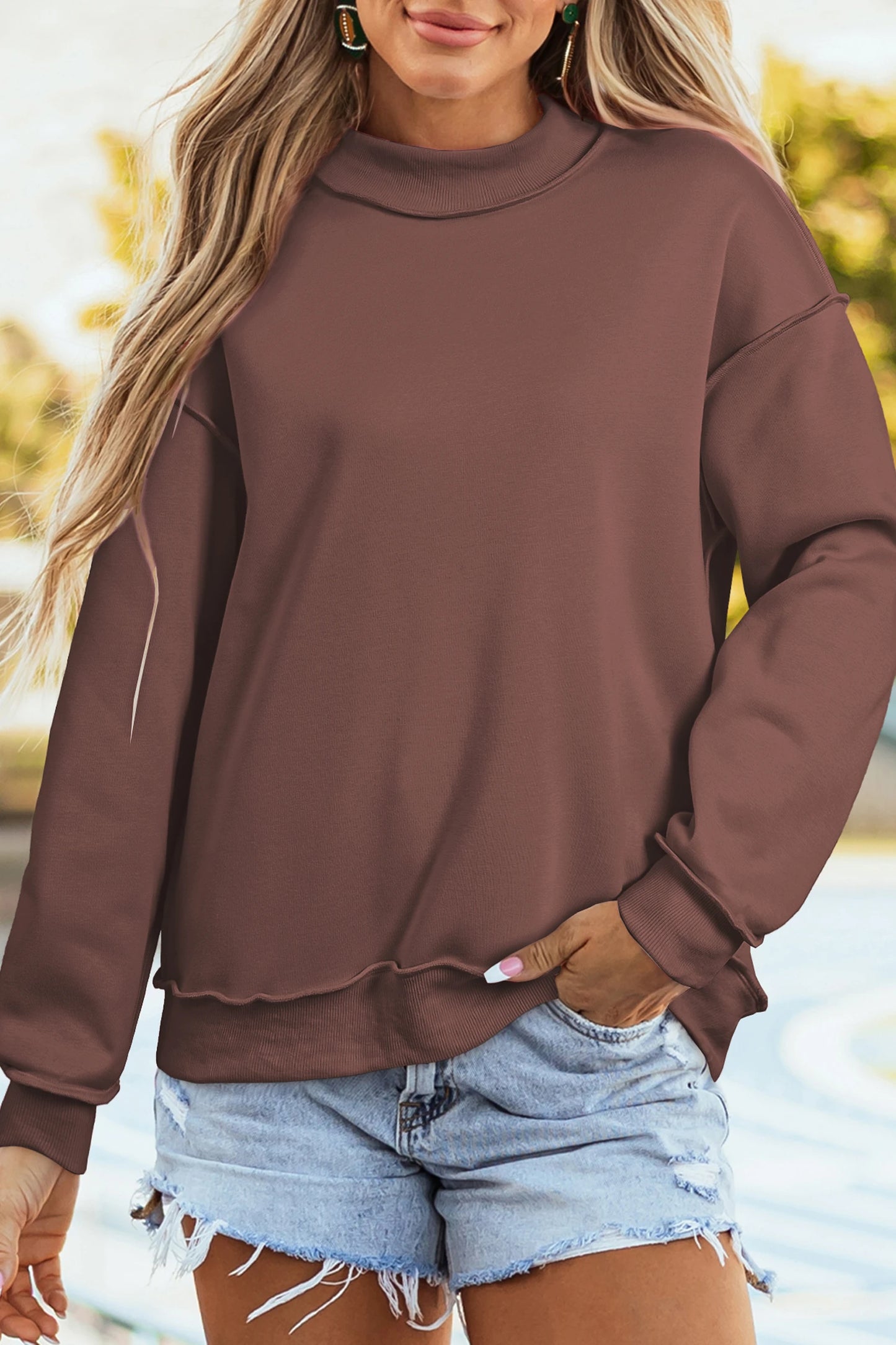 Bright Pink Oversize Drop Shoulder Reversible Mock Neck Sweatshirt