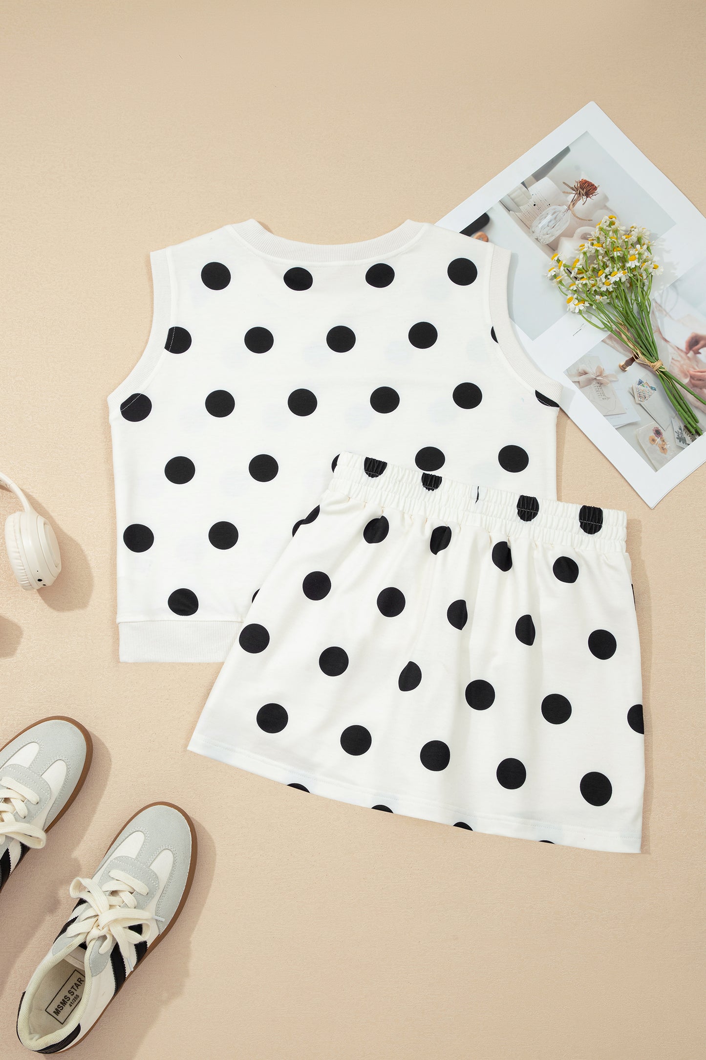 Polka Dot Tank Top Split Skort 2 Piece Lounge Set