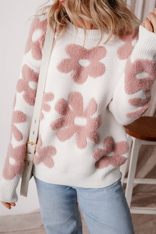 White Textured Flower Drop Shoulder Loose Sweater