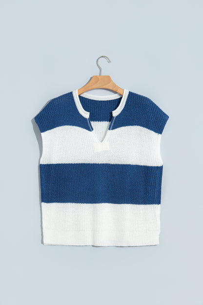 Blue Stripe Striped Colorblock Knit V Neck Short Sleeve Loose Sweater