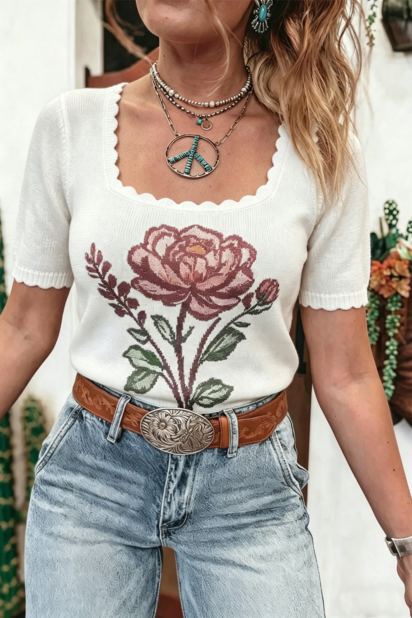 Western Floral Knit Top Square Neck Short Sleeve Sweater