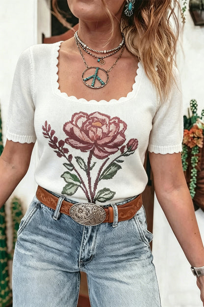 Western Floral Knit Top Square Neck Short Sleeve Sweater