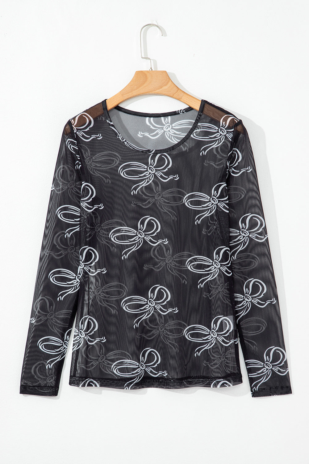 Valentine’s Black Bow Print Sheer Mesh Long Sleeve Top
