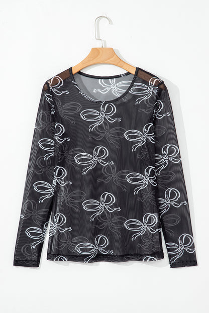 Valentine’s Black Bow Print Sheer Mesh Long Sleeve Top