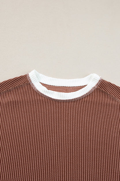 Textured Contrast Trim Round Neck T Shirt