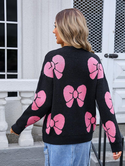 Oversized Bow Knit Sweater - Pink Pullover for Women