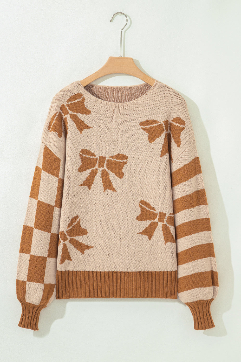 Bow Print Checkered Stripe Sleeve Drop Shoulder Sweater