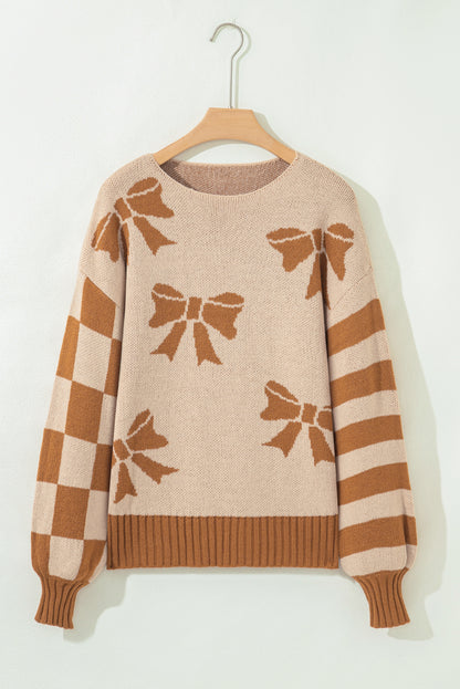 Bow Print Checkered Stripe Sleeve Drop Shoulder Sweater