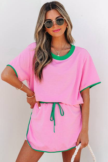 Colorblock Trim Tee Skort Set Drawstring Lounge Set