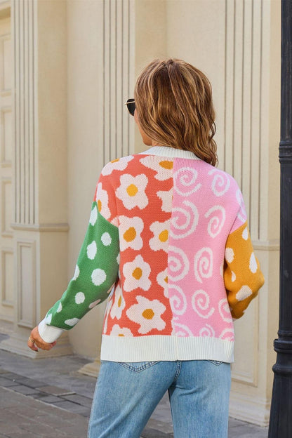 Colorful Floral Knit Cardigan – Open Front Fall Sweater