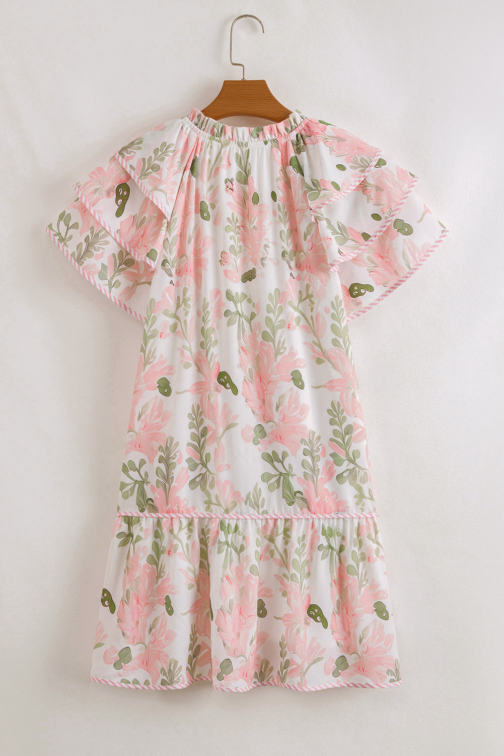 Sky Blue Floral Ruffle Sleeve Tie Neck Mini Dress