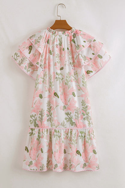 Sky Blue Floral Ruffle Sleeve Tie Neck Mini Dress