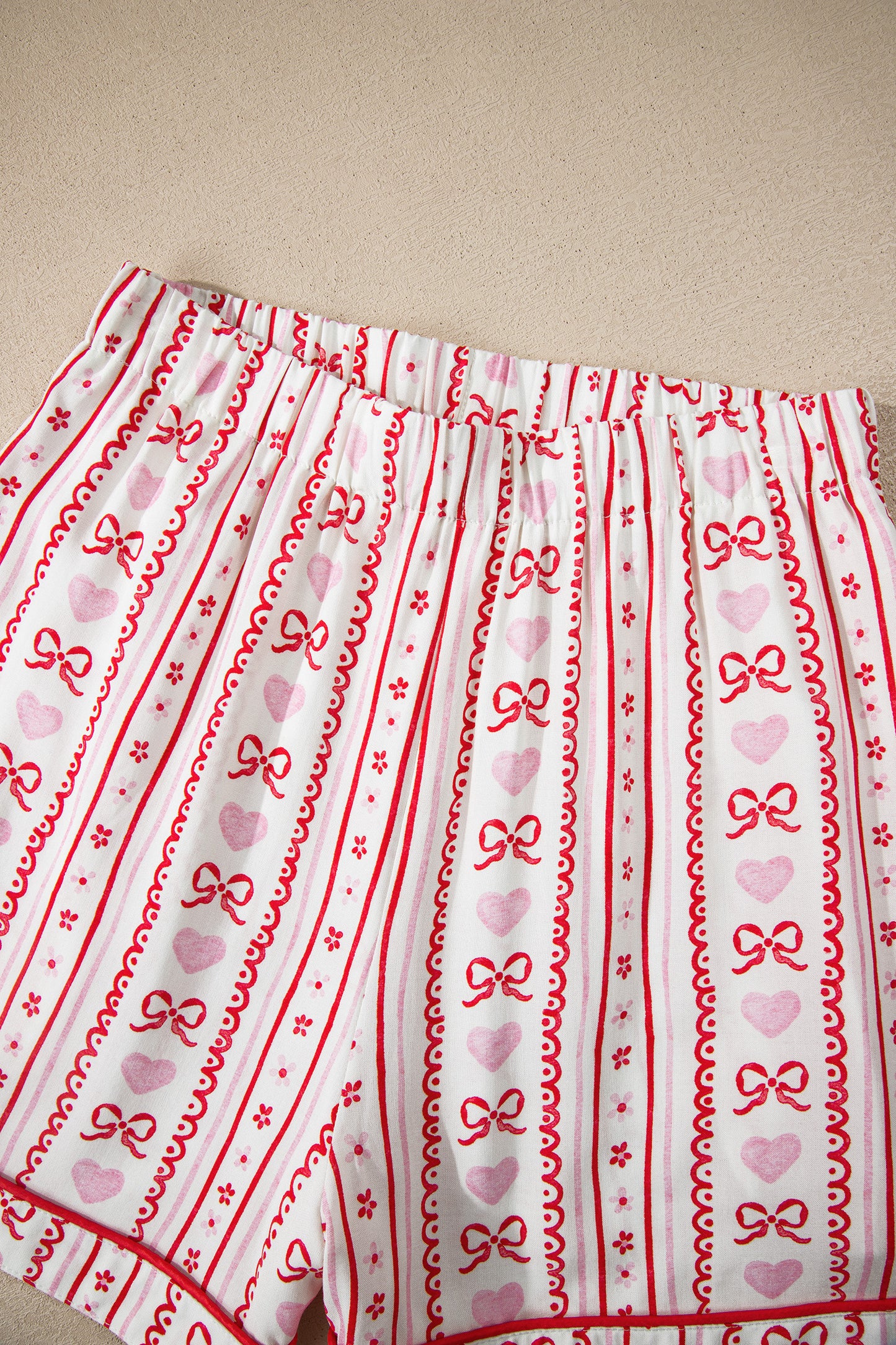 Valentines Heart Bow Print Ribbon Trim 2 Piece Pajama Set