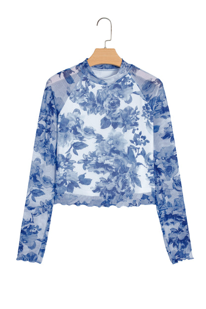 Blue Floral Mesh Mock Neck Long Sleeve Fitted Top
