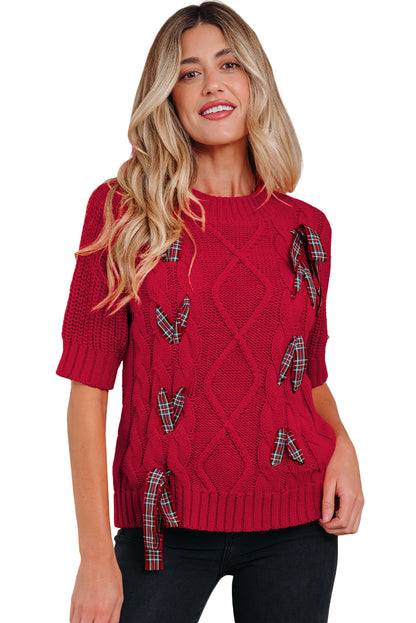 Red Plaid Bow Lace Up Cable Knit Short Sleeve Holiday Sweater