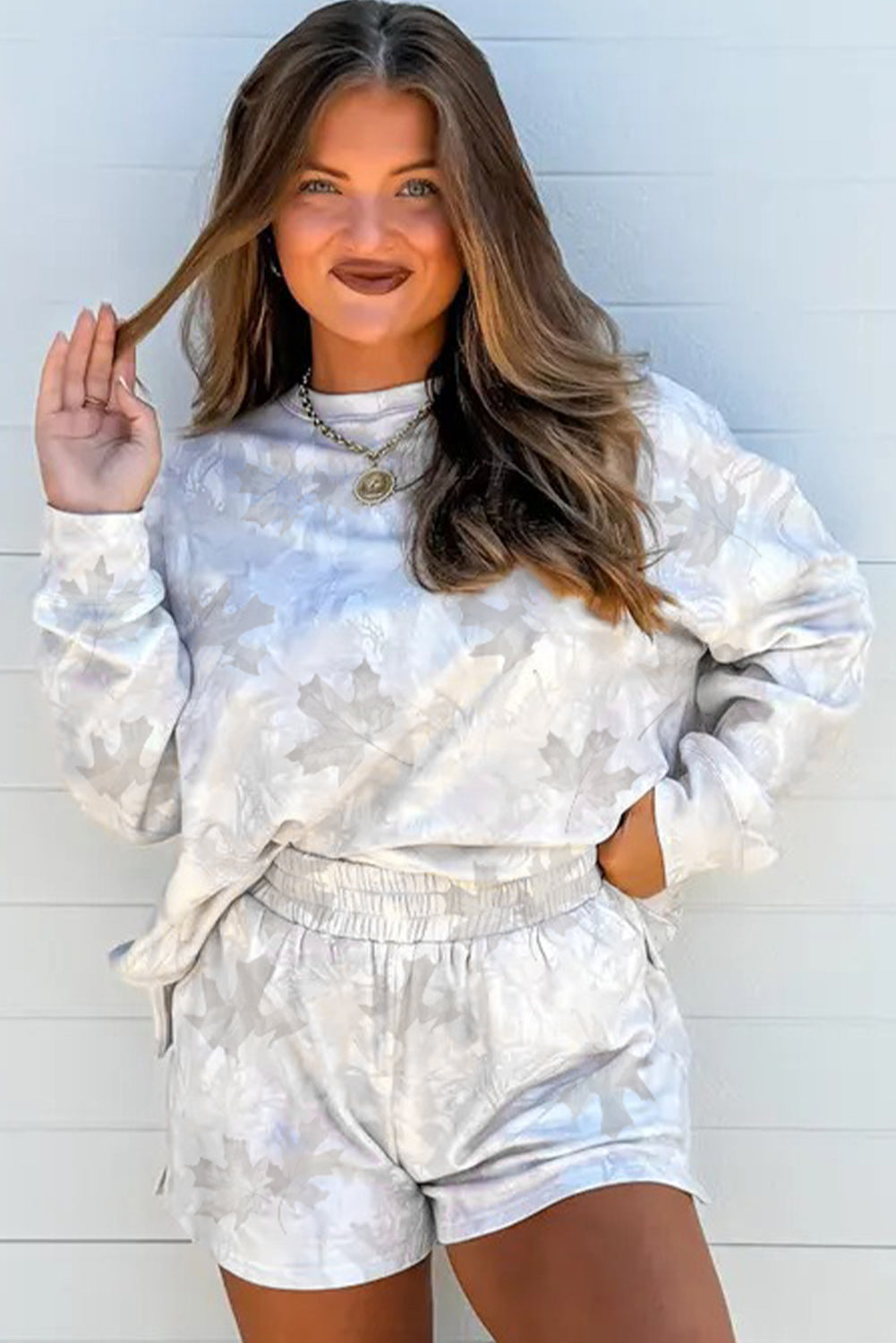 Beige Camo Print Lounge Pullover and Elastic Waist Short Set